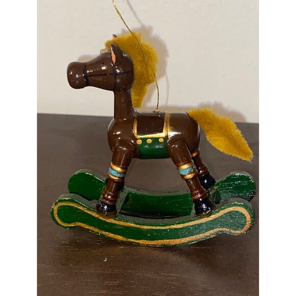 Vintage Russ Wooden Rocking Horse Miniature Ornament With Yellow Mane & Tail - Picture 1 of 8